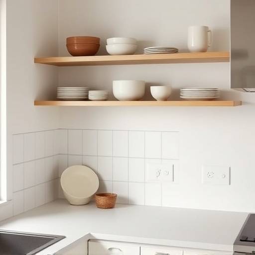 A kitchen corner showcasing open shelving with only a few carefully selected ceramic bowls and plates.
