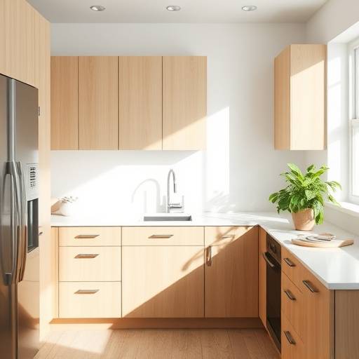 A minimalist kitchen featuring pale oak cabinets, white countertops, and a single houseplant on the window sill.