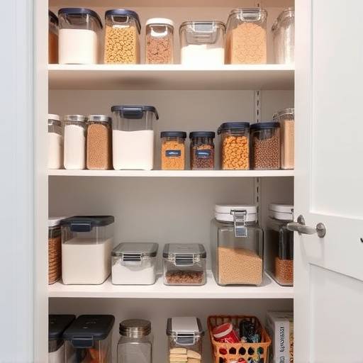 A minimalist kitchen pantry with clear containers and organized shelves