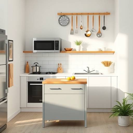 A small kitchen island with a built-in chopping board and essential cooking tools hanging above, showcasing efficient organization.