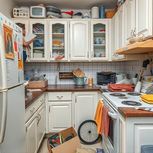 Before: A cluttered kitchen with overflowing cabinets and countertops.