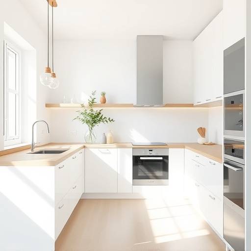 Minimalist kitchen design featuring white cabinets and pale oak countertops