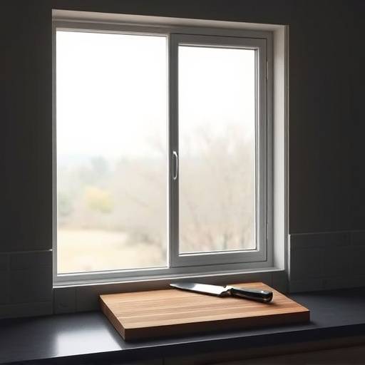 Natural light streaming through a kitchen window, illuminating a countertop with only a wooden cutting board and a single knife.