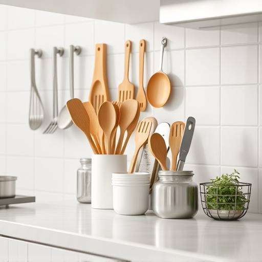 Selection of essential kitchen tools neatly organized on a countertop